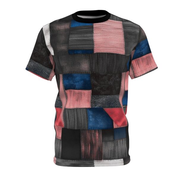 Graphic Print Tee, Fabric Patches Unisex T-Shirt, All Over Print Patchwork Shirt, Unique Sewn Design Top, Quirky Patch Tee - Image 3