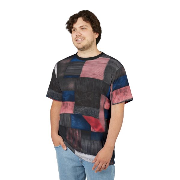 Graphic Print Tee, Fabric Patches Unisex T-Shirt, All Over Print Patchwork Shirt, Unique Sewn Design Top, Quirky Patch Tee - Image 4