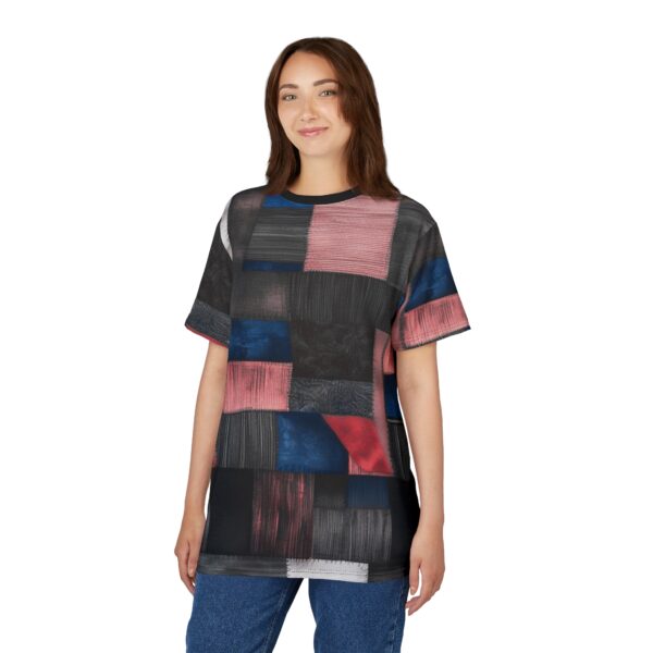 Graphic Print Tee, Fabric Patches Unisex T-Shirt, All Over Print Patchwork Shirt, Unique Sewn Design Top, Quirky Patch Tee