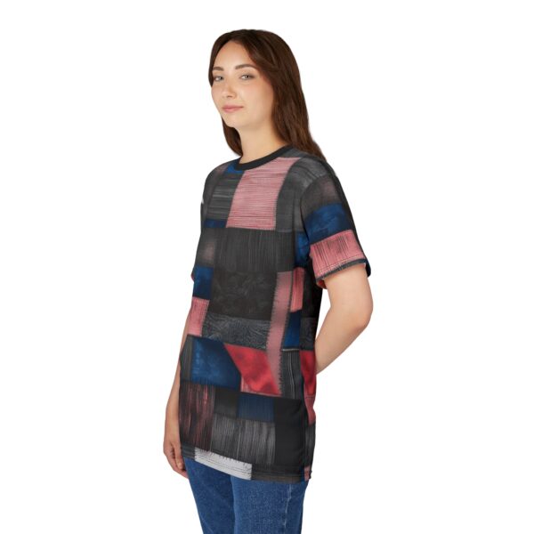 Graphic Print Tee, Fabric Patches Unisex T-Shirt, All Over Print Patchwork Shirt, Unique Sewn Design Top, Quirky Patch Tee - Image 6